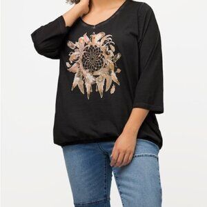 Ulla Popken dream catcher graphic v neck 3/4 sleeve shirt Sz 3XL